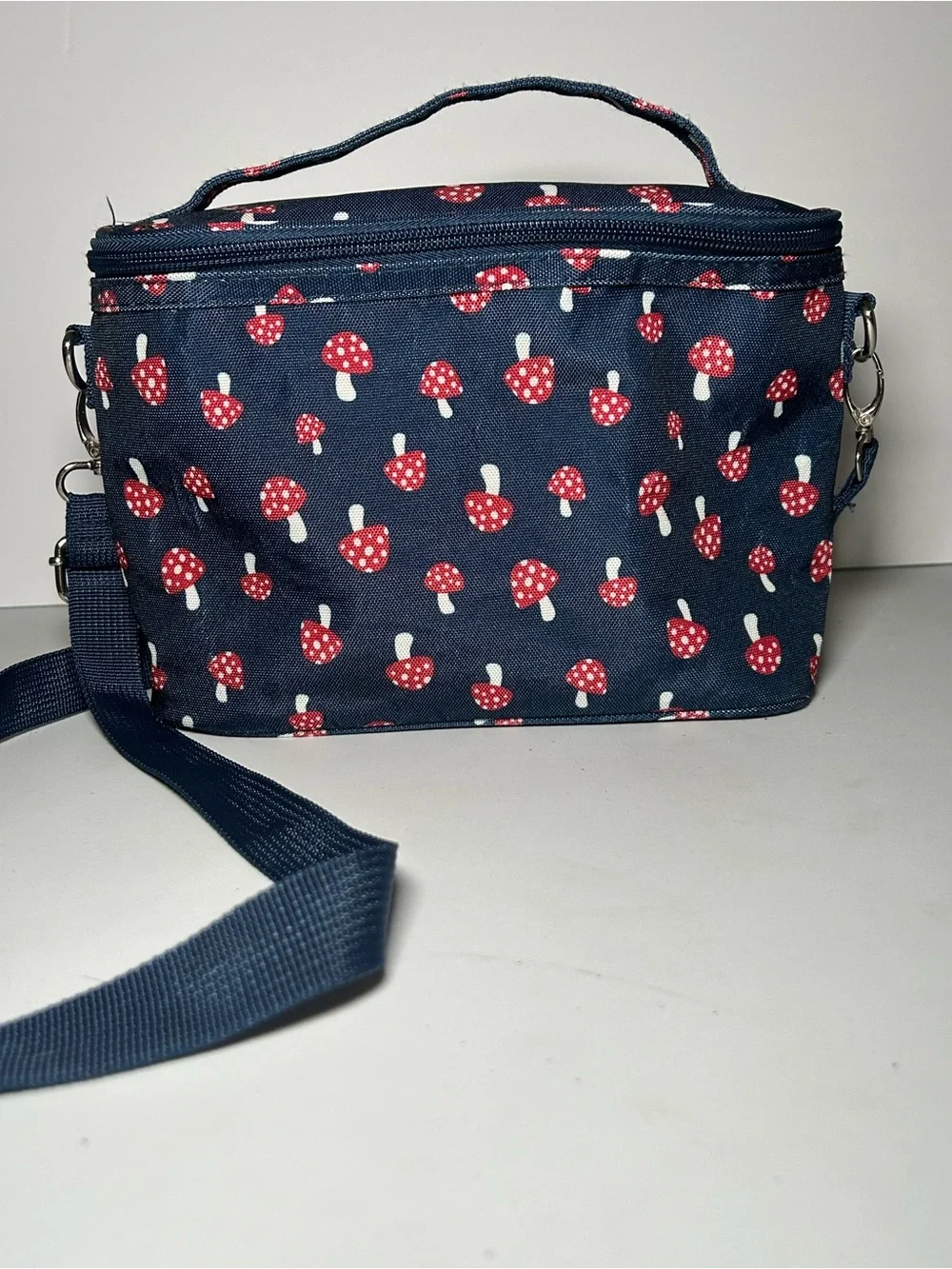 Navy Mushroom Print Insulated Crossbody Lunch Bag Casual Women's Shoulder Bag